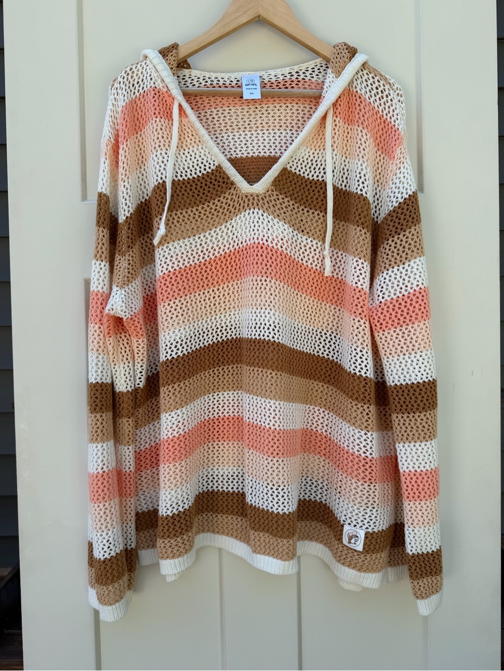 Women’s Striped Open-Knit Hooded Cover-Up Sweater - Peach, Cream & Brown 2XL